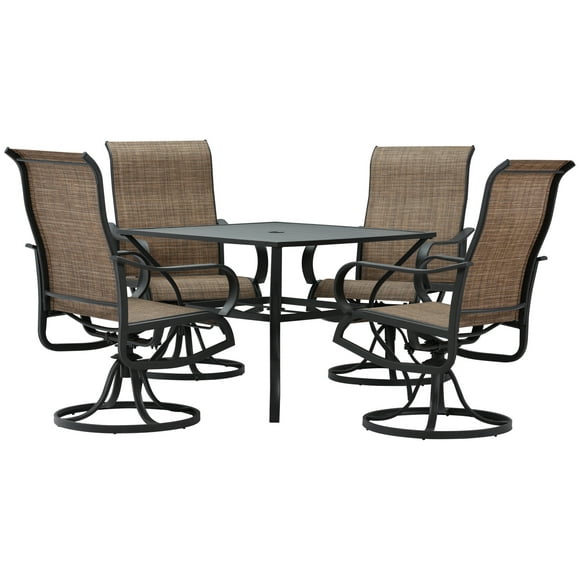 Outsunny 5-Piece Outdoor Patio Dining Set, 4 Swivel Rocker Chairs and 37" x 37" Dining Table Furniture Set with Umbrella Hole for Garden, Lawn and Backyard, Black