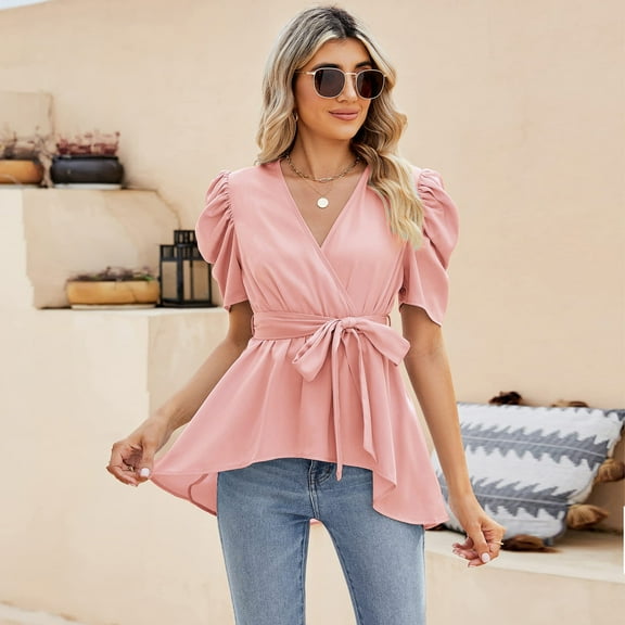 Yesfashion Women Dressy Deep V Neck Belted Tie Peplum Tops Empire Waist Wrap Blouse Puff Short Sleeve Shirt