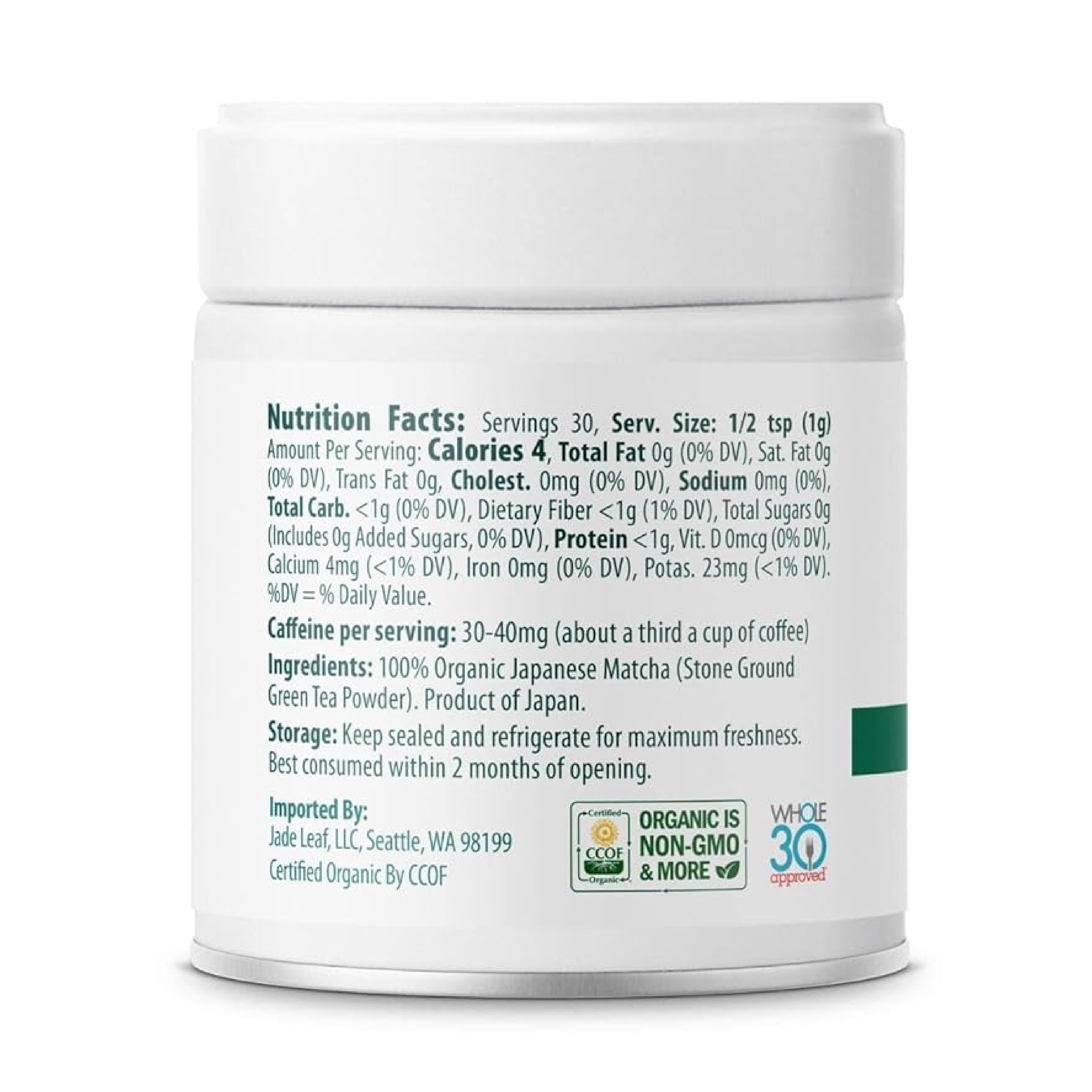 Jade Leaf Organic Ceremonial Grade Matcha Powder, Teahouse Edition, 1.06 oz Tin