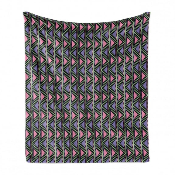 Tribal Soft Flannel Fleece Throw Blanket, Chevron Zigzag with Dot and Vertical Lines Pattern Abstract Motifs, Cozy Plush for Indoor and Outdoor Use, 70" x 90", Pink Lilac Pale Green, by Ambesonne