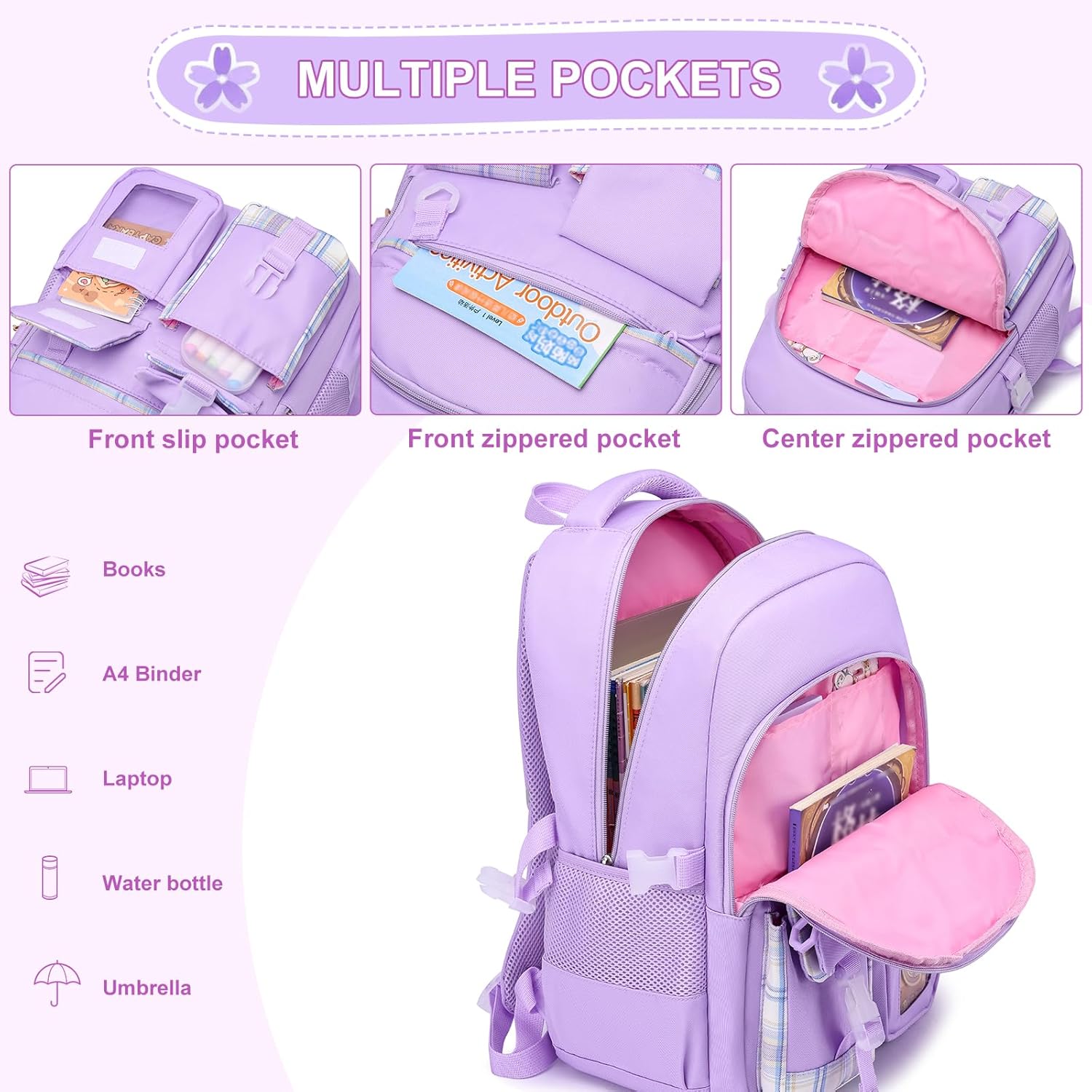 Mochila escolar para adolescentes, gran capacidad, moderna, ligera, impermeable, para primaria y secundaria, regalo, morada 8