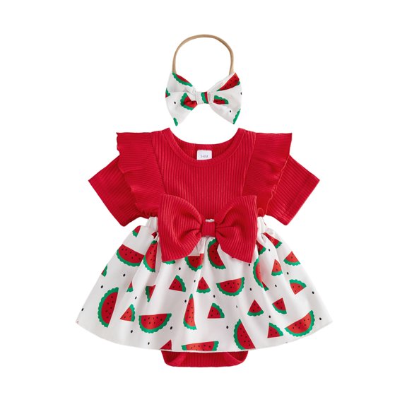 BemeyourBBs Newborn Baby Girls Summer Clothes Infant Baby Girls Romper Dress Ruffle Short Sleeve Watermelon Sunflower Bow Print Patchwork Bodysuit Dress with Bow Headband