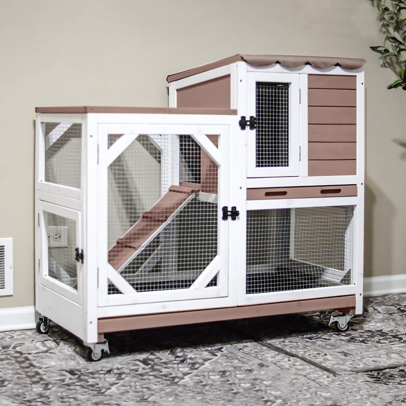 MEDEHOO 2-Story Rabbit Hutch with Chew-Proof Ramp & Pull-Out Trays - Indoor/Outdoor 39.3" Wooden Rabbit Cage on Wheels for Rabbits, Guinea Pigs