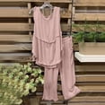 thumbnail image 2 of Lindreshi Womens 2 Piece Outfit Summer Women's Solid Crewneck Sleeveless Pullover Shirt Tops + Pants Trousers Set, 2 of 8