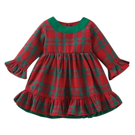 

Rovga Fashion Dresses For Girls Christmas Long Sleeve Plaid Prints Princess Dress Xmas Party Ruffles Dresses