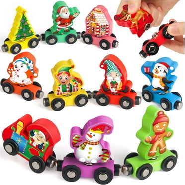 Vanmor Wooden Christmas Train Set, 11-Piece Xmas Shaped Snap-Connection Train for Kids, Wooden Puzzle Toys for Christmas & Birthday Gifts for Kids Aged 3-5