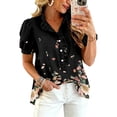 thumbnail image 2 of Boho Patchwork Print Blouse for Women, V-Neck Short Sleeve Button Down Top with Puff Sleeves - Colorful Casual Summer Tunic Shirt for Vacation & Beach Black L, 2 of 6