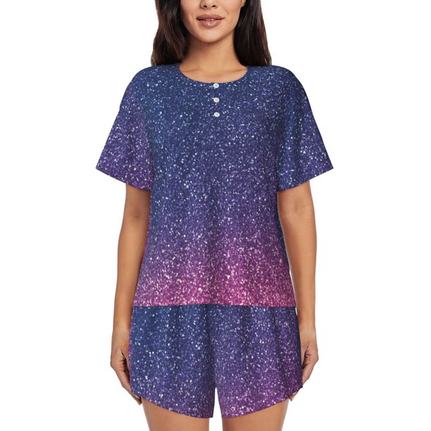 Balery Violet Glitter Conjunto de Pijama para Mujer con Estampado, Dos Piezas de Manga Corta y Shorts, Ropa de Dormir Suave con Cuello Redondo y Bolsillos-Small