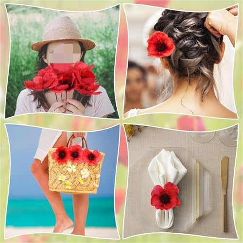 Set of 150 Red Poppy Artificial Flowers Fake Flowers Poppies Head Fake Wildflowers with 6 Inch Flower Branch for Memorial Veterans Day Remembrance Sunday Bouquet Corsages Home Kitchen Decor$$