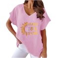 thumbnail image 1 of Camiseta de Manga Corta con Cuello en V con Impresión de Girasol, Algodón Casual Y Top de Cáñamo, 1 of 4