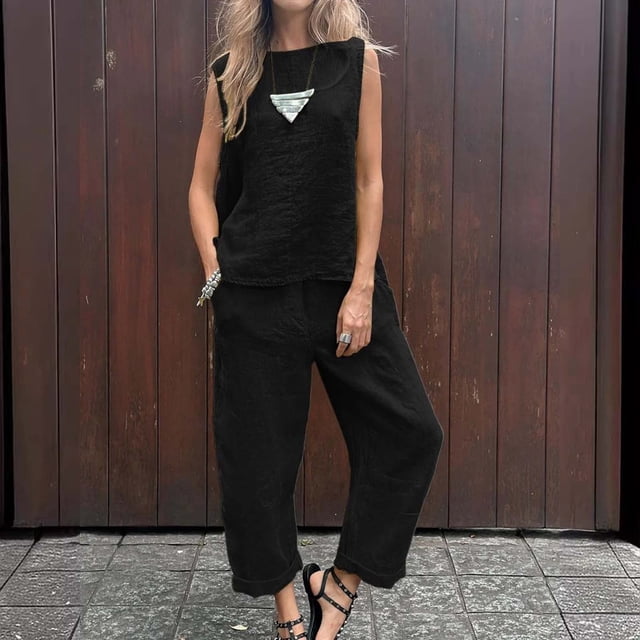 MKLEKYY Pantalons pour Femmes Ensemble Deux Pièces Décontracté en Lin Couleur Unie / Haut Sans Manches & Pantalon Grand Extensible
