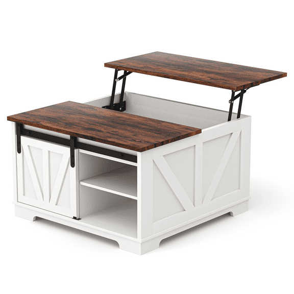 Lift Top Coffee Table 31.5" with Hidden Storage - Farmhouse Square Center Table, Adjustable Shelf & Sliding Door for Small Spaces