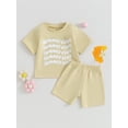 thumbnail image 2 of Suealasg Toddler Boy Girl Summer Outfits 2Pcs Infant Baby Beach Clothes Set Short Sleeve Letters Print T-Shirt Tops Elastic Waist Shorts Set 0-2 Years, 2 of 9