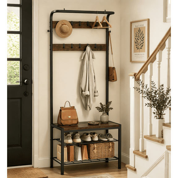 CONCETTA 4-in-1 Coat Rack Hall Tree with Shoe Bench, Shoe Storage, Removable Hooks, Hanging Rod, 13.3 x 28.3 x 72.1 Inches, Rustic Brown