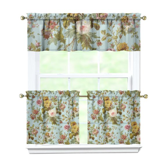 Country Floral Curtains 24 Inch - 3 Panel Vintage Farmhouse Set with Bohemian Wildflower Print, Rod Pocket for Rustic Kitchen Decor