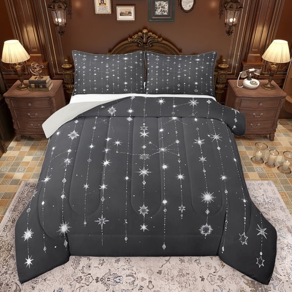 jejeloiu Constellation Theme Queen Comforter Set,Stars Print Bedding Sets,Gray White Bedding Comforter Set For Teens,Microfiber Bedroom Decor Reversible,3 Pieces