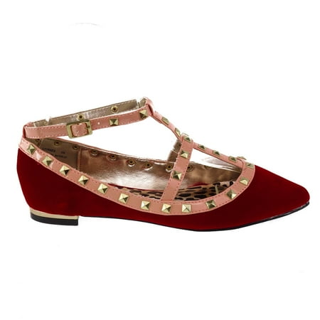 

Stunner by Dollhouse Edgy Metal Studded Patent Strap Ballet Flat Gold Plate Womenâ€™s Shoes