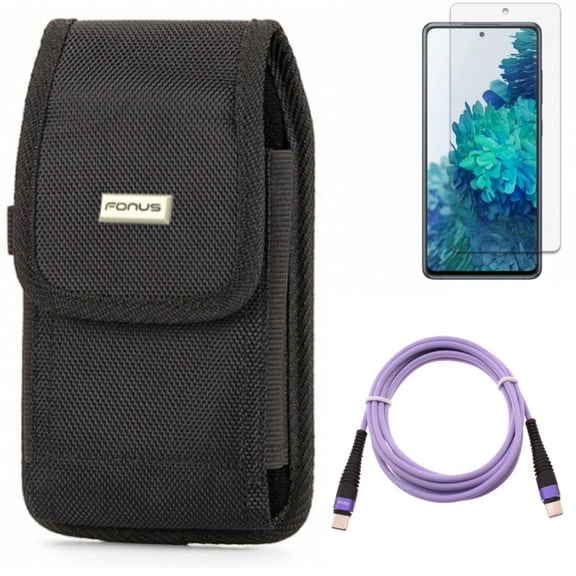 Screen Protector & Case Belt Clip & Purple 6ft PD Cable for Samsung Galaxy S20 Fan Edition - Anti-Glare Tempered Glass   Swivel Holster   Type-C to USB-C Long Charger Cord Combo