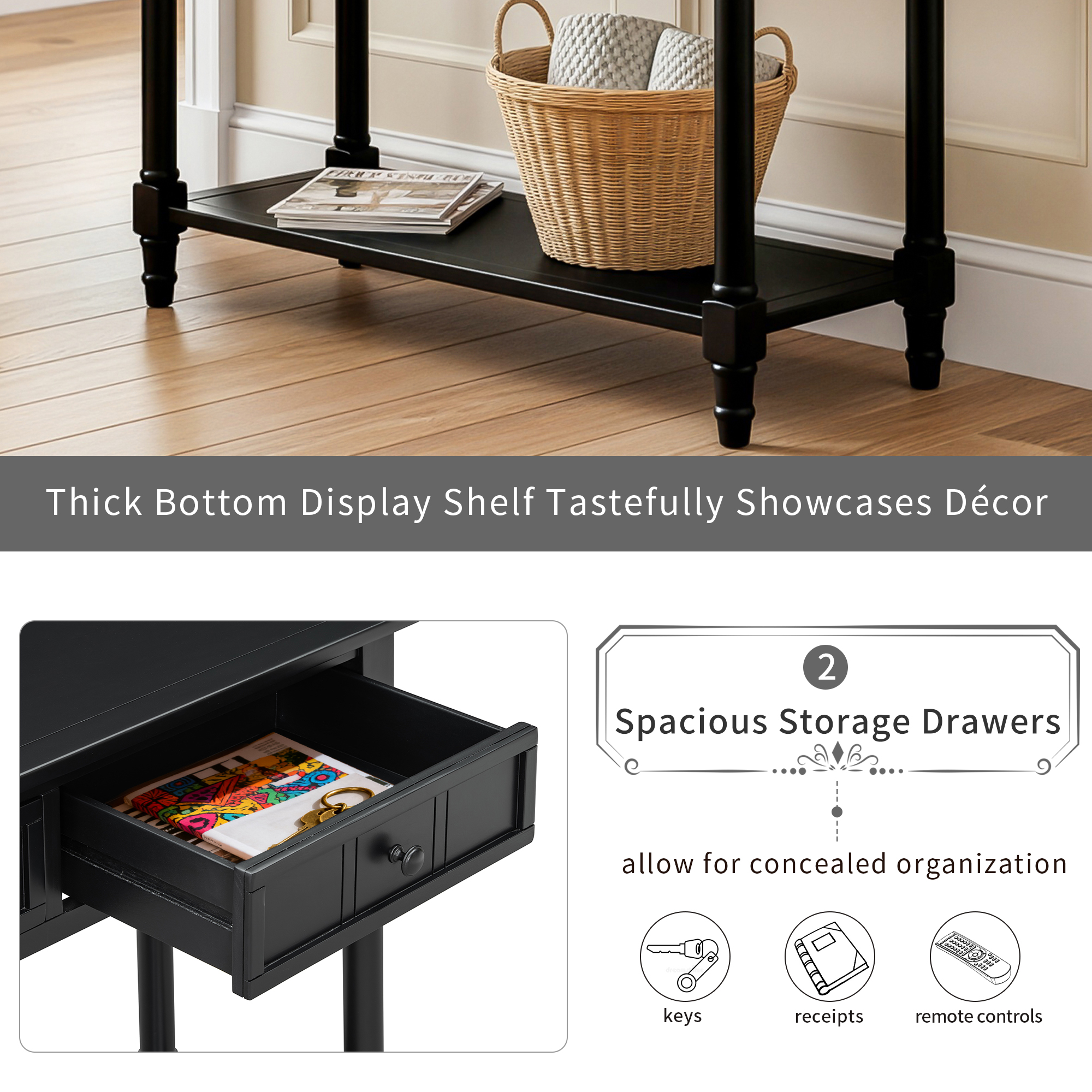 MDQMD Black Entryway Table with 2 Drawers,Solid Wood Console Tables with Bottom Shelf for Hallway,Living Room