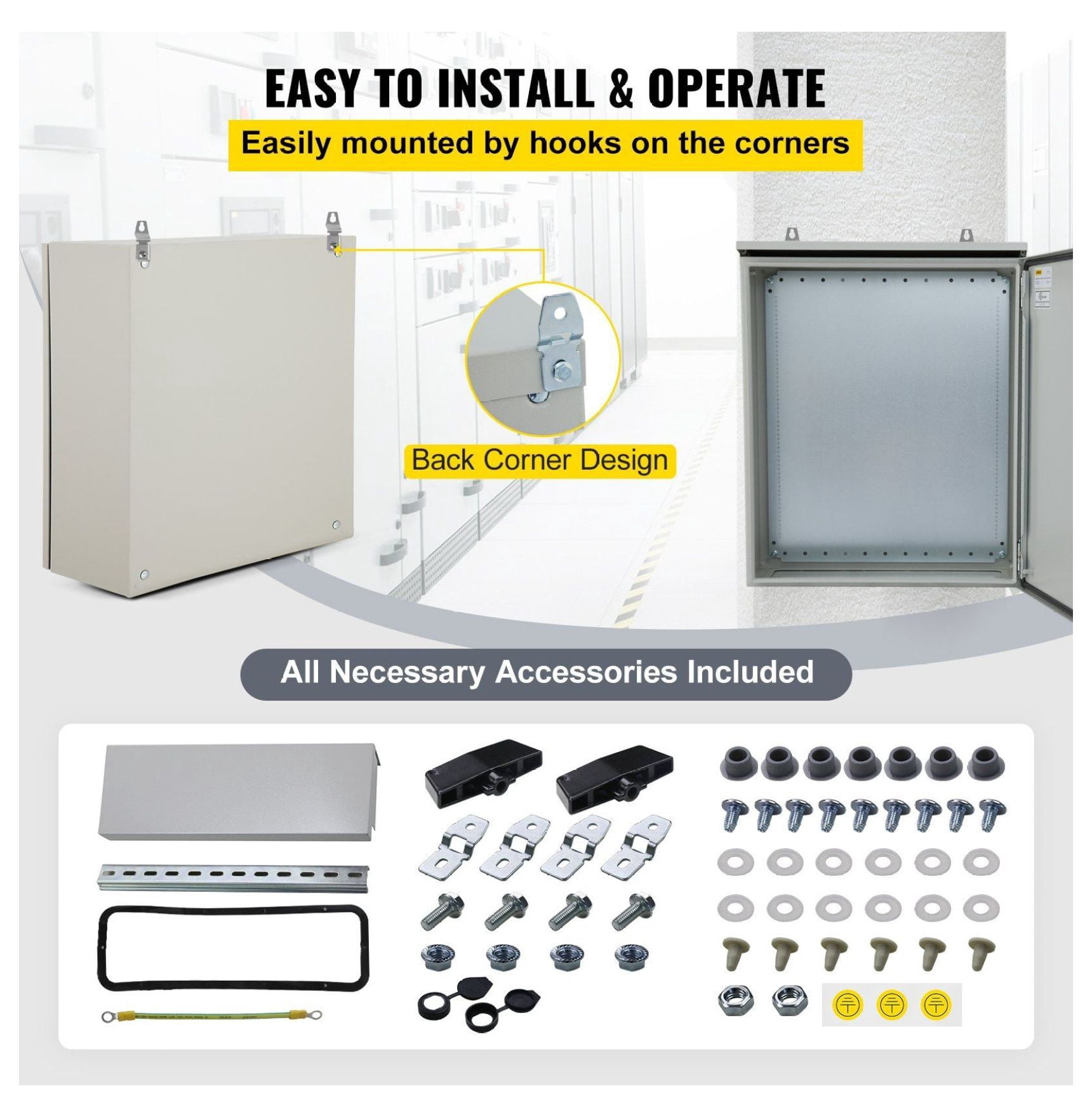 Electrical Enclosure 24x24x12 NEMA 4 Outdoor Box, IP65 Waterproof Steel Junction Box, Hinged, Indoor/Outdoor Use, Rain Cover Compatible