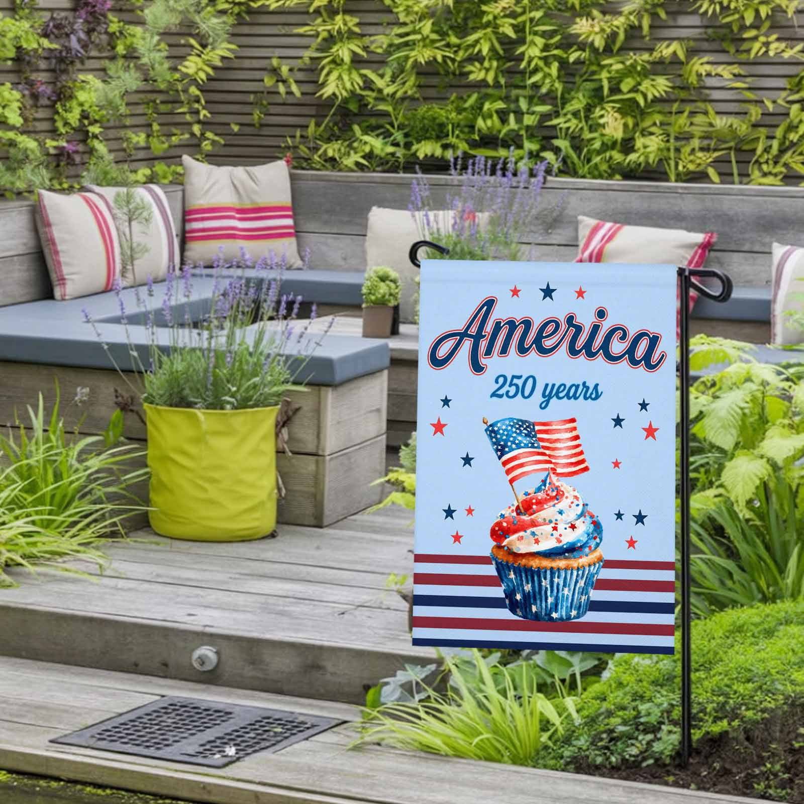 4th of July Garden Flags America 250 Years Garden Flag Double Sided Welcome Flag USA Flag Cupcakes Star Blue Stripes Independence Day Yard Flags for Outdoor Lawn Porch Memorial Day Decor 28x40 Inch