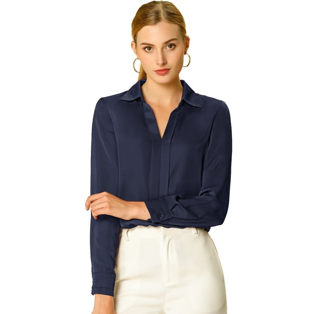 Camisa de trabajo de manga larga con blusa elegante con cuello en V de oficina para mujer Azul marino L Unique Bargains Camisa