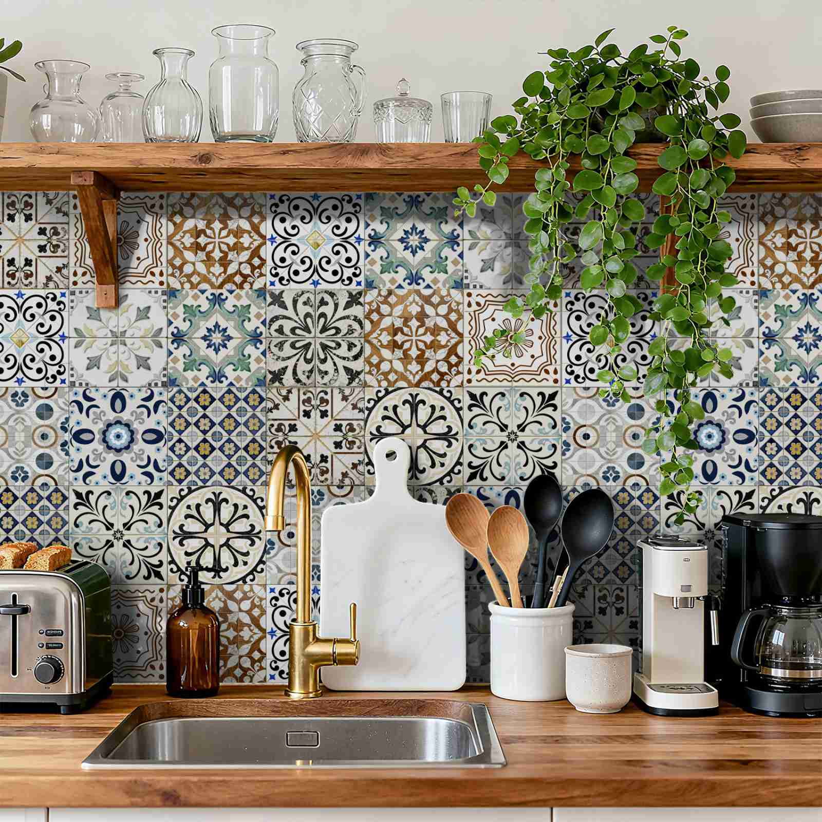 24PCS Mediterranean Style Peel and Stick Wall Tile Decals - 6"x6" Vintage Waterproof Vinyl Moroccan Bohemian Stickers for Kitchen Backsplash, Bathroom, Stair Riser Decor