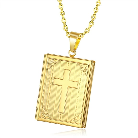 Religious Cross Locket Necklace Pendant 14K Yellow Gold Photo Frame Memory Necklace For Women/Men Christmas Gift
