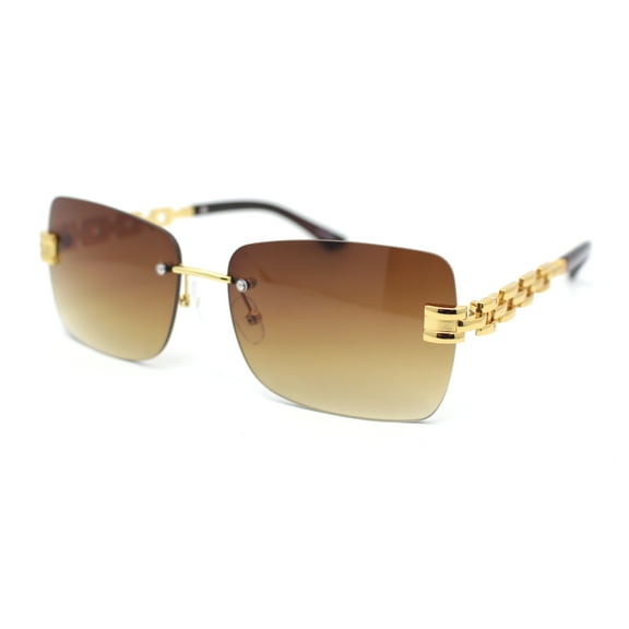 Mens Rimless Luxury Metal Jewel Chain Link Arm Fashion Sunglasses Gold - Brown