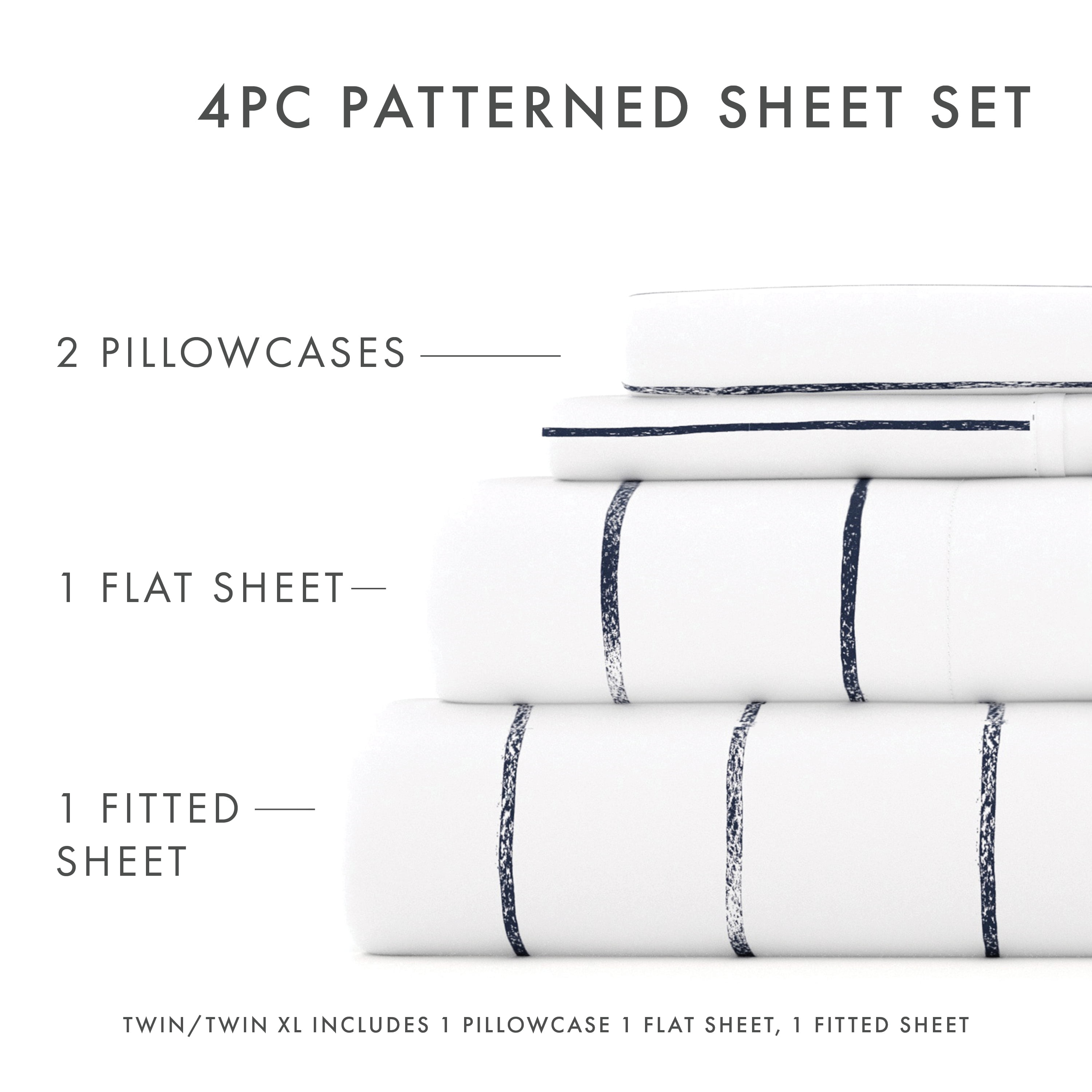 Noble Linens 4 Piece Pattern Microfiber Bed Sheets Set, Navy Distressed Field Stripe, CalKing