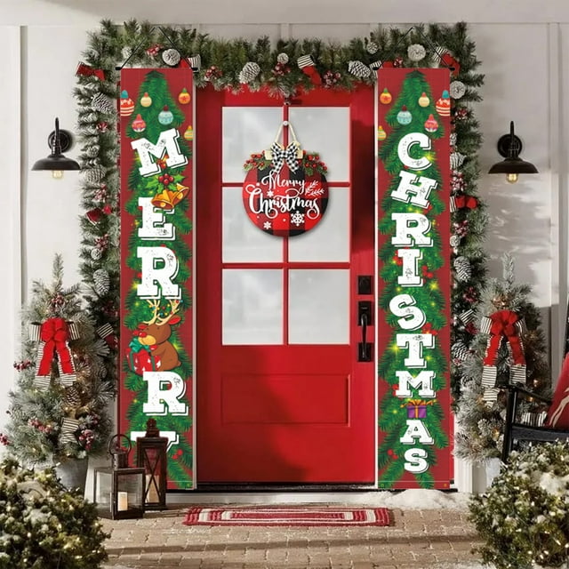 Cortina de Puerta con Coplas Navideñas, Decoración Personalizada para Fiestas | Juego de 2 | Poliéster | Verde | 30 X 180 Cm | Tela de Fondo Festiva