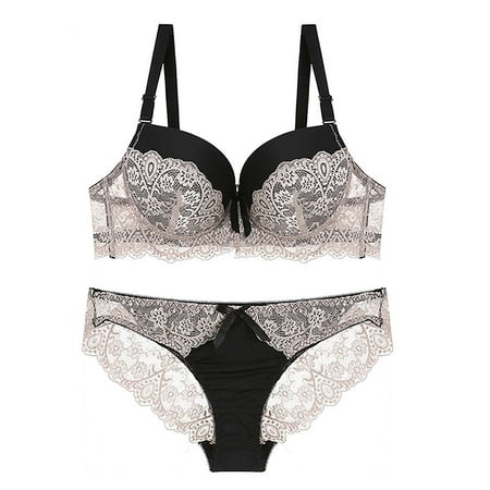 Voncos Matching Underwear Sets for Women Comfortable Lace Gathering Bras and Underpants Sexy Lingerie Set Beige Size M