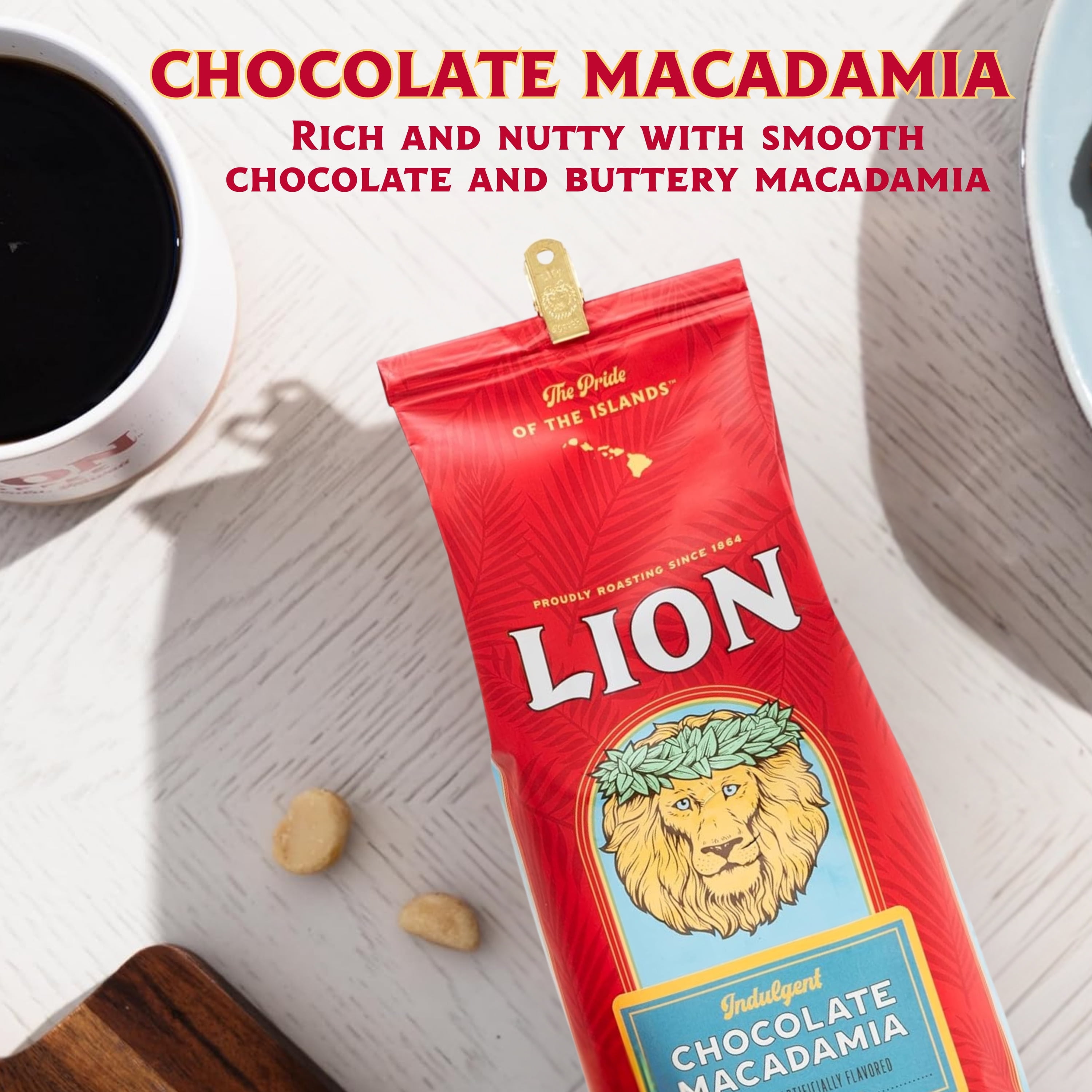 Lion Coffee Chocolate Macadamia Ground Coffee, 100% Arabica, Light Roast, 24 oz