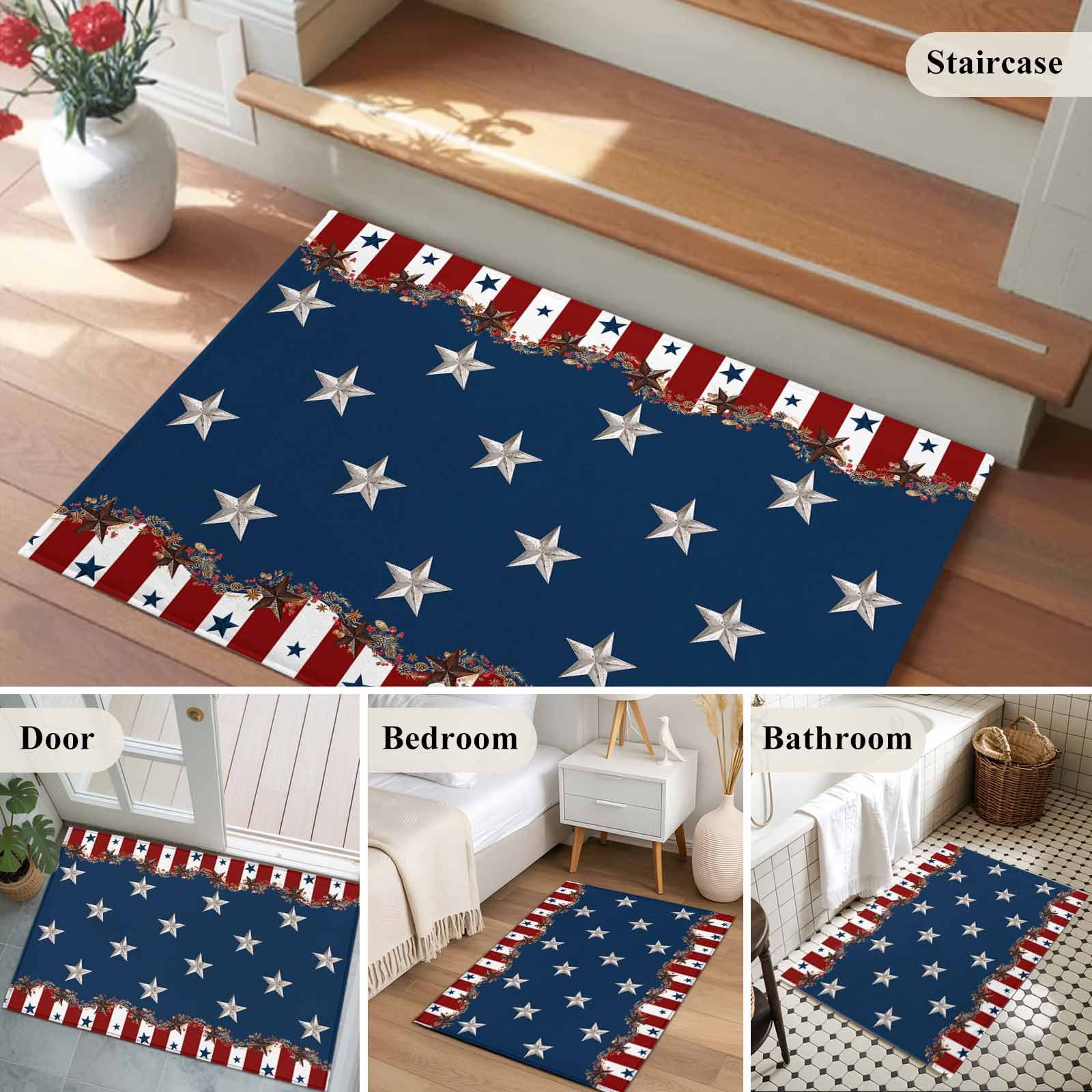 2x3 Ft Entryway Area Rug, Country Star Farm Kitchen Rug Runner Washable Floor Mat, Red Blue Patriots Stripe American Flag Non Slip Indoor Door Mat Throw Carpet for Bathroom Living Room Bedroom