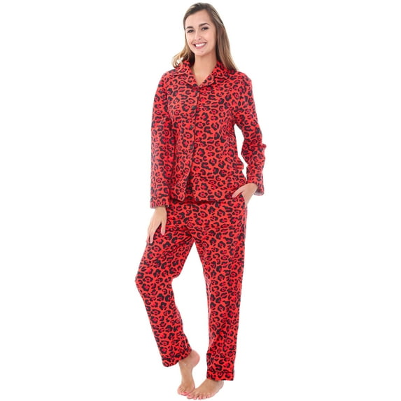 Alexander Del Rossa Women's Warm Flannel Pajama Set, Long Button Down Cotton Pjs, Large Red Leopard Animal Print (A0509Q87LG)