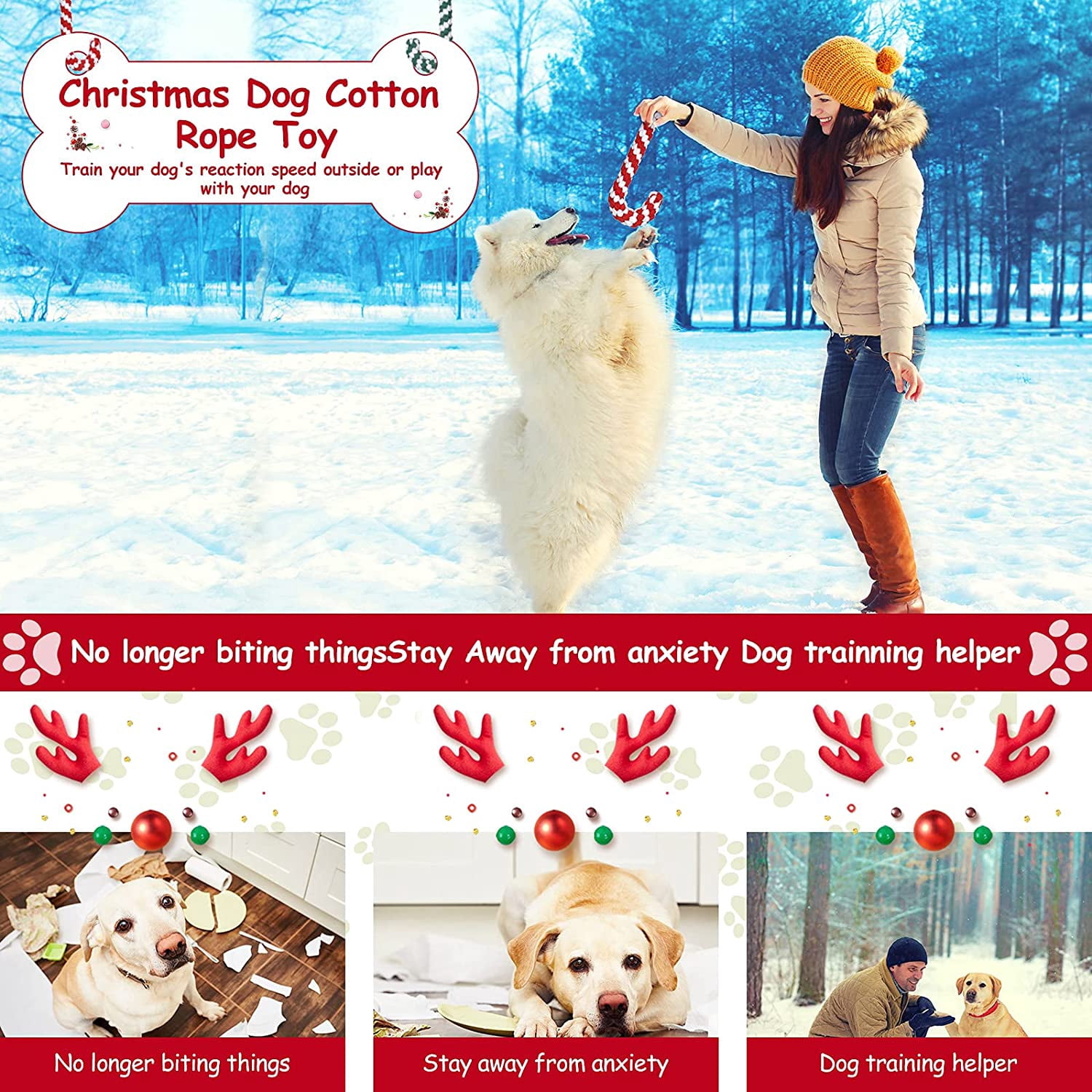 4 Pieces Christmas Dog Rope Toys, Classic Candy Cane Dog Bone Chew Toys, Christmas Pet Chew Rope Toy for Puppy Small Medium Dogs
