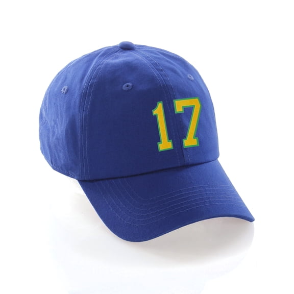 Customized Number Hat 00 to 99 Team Colors Baseball Cap, Blue Hat Green Gold Number 17