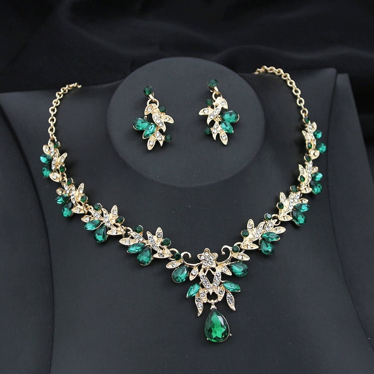 Exquisite 2 pcs set Flower Pink AB crystal bridal wedding jewelry sets for women dangle earrings and necklace sets Blue Green Walmart