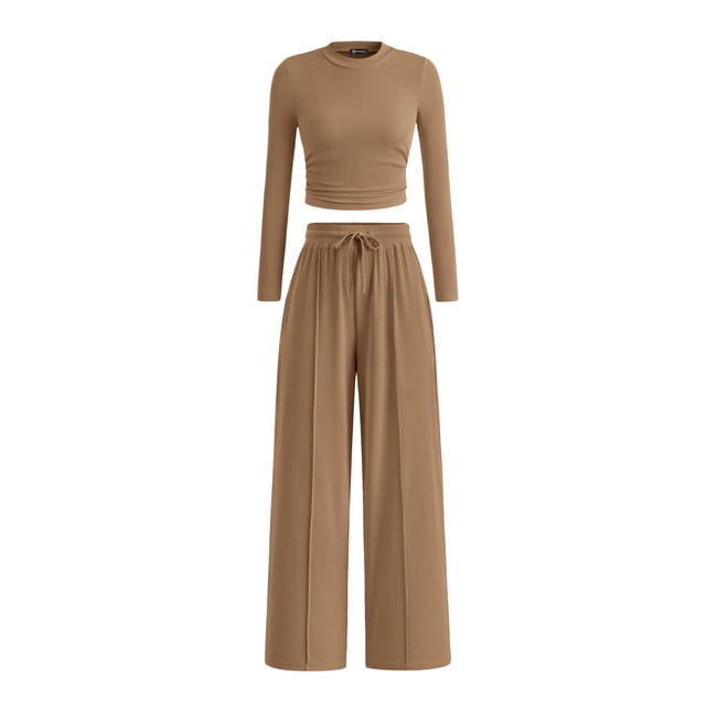 Conjunto de Mujer PRETTYGARDEN de 2 Piezas: Top Corto y Pantalones de Pierna Ancha Camel Talla L