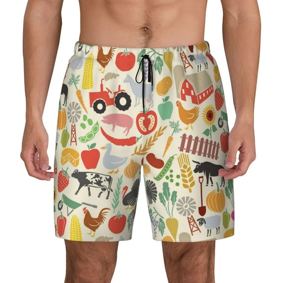 Kdxio Farm Print Men's Swim Trunks with Compression Liner 7 Inch Inseam Quick Dry Swim Shorts