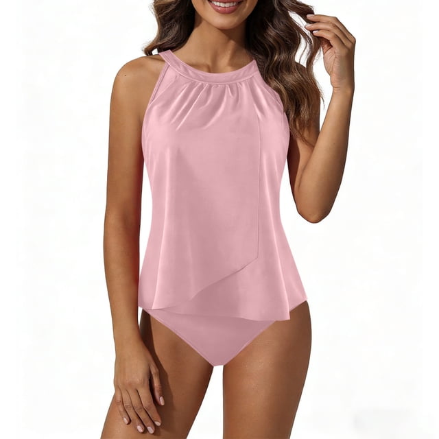 Conjunto de Bikini de Cintura Alta para Mujeres Conjunto de Bikini de Corte Alto para Mujeres Color Sólido Correa sin Espalda Bikini Color Bloqueo Fuera Del Hombro Tanjini Set