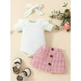 thumbnail image 2 of vera natura Baby Girls 3 Piece Outfit Ruffles Short Sleeve Rompers and Plaid Print Button Skirt Headband Summer Clothes Set, 2 of 9