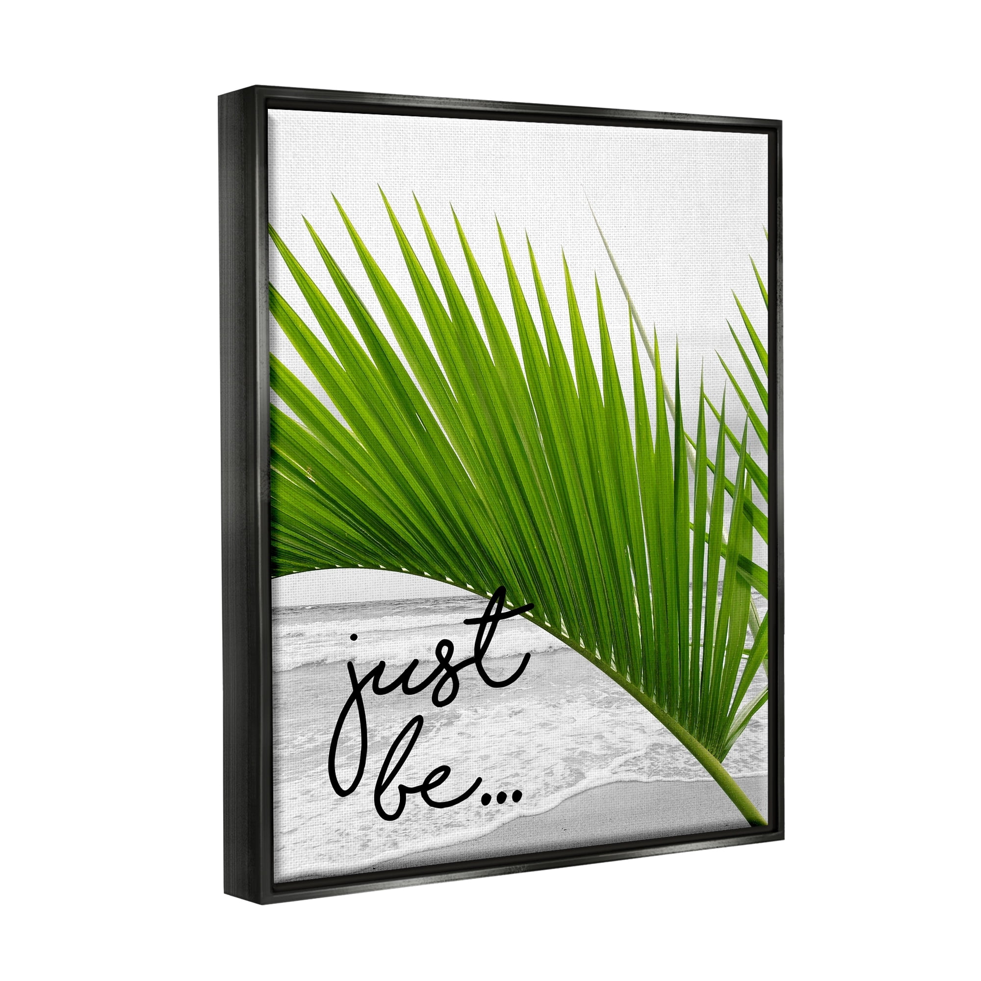 Stupell Industries Just Be Soothing Green Palm Seaside Ocean Shore Graphic Art Luster Gray Floating Framed Canvas Print Wall Art, Design by J. Weiss