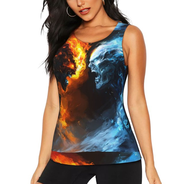 Balery Red And Blue Fire Skull Warrior Camiseta sin mangas estampada ligera para mujer, tops de entrenamiento sin mangas, camisetas de yoga transpirables de secado rápido.-XX-Large