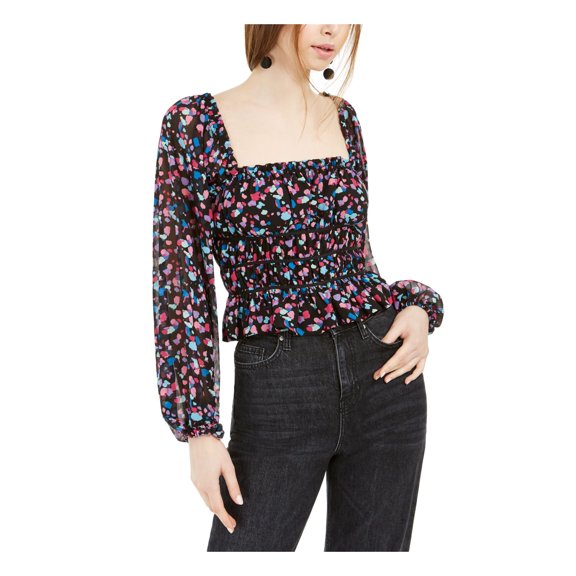 LEYDEN Womens Black Ruffled Smocked Printed Long Sleeve Square Neck Top L