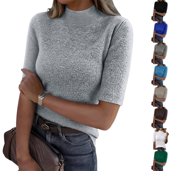 Nestiefly Women's Mock Neck Sweater Half Sleeve Slim Fit Breathable Top Ribbed Knit Pullover Casual Fall Clothes Light Gray M