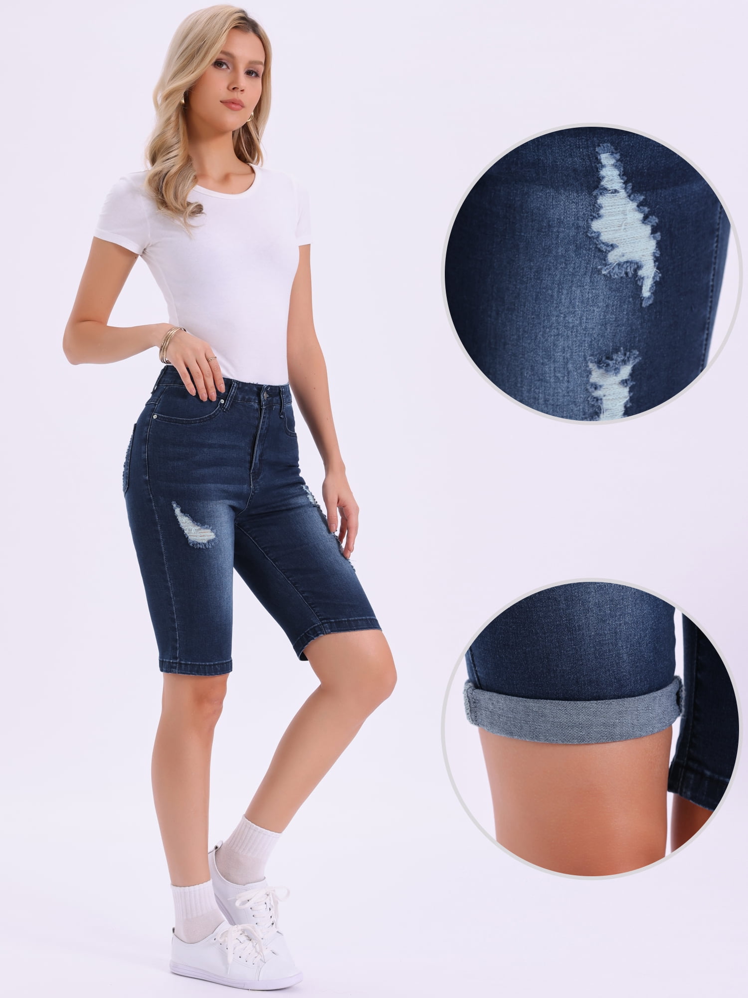 DARING DIVA Women's Casual Cuffed Hem Mid Rise Bermuda Denim Shorts 2XL Dark Blue