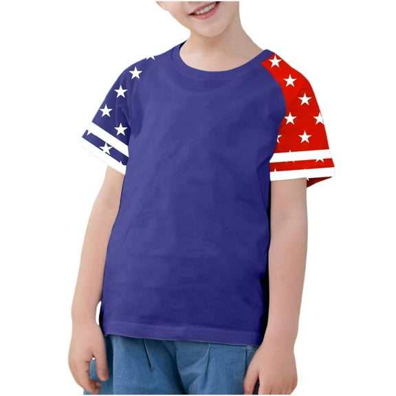 Ugoldhm Fourth of July Boys Short Sleeve T-Shirts Fashion Tees Color Block Summer Crew Neck Tops Kids Clothes Size 3-14