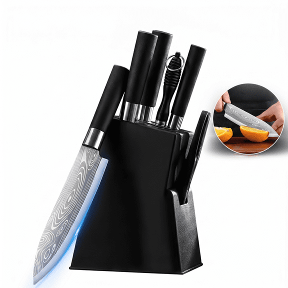 MDHAND 7-Piece Kitchen Knife Set with Block, Damascus Pattern Stainless Steel