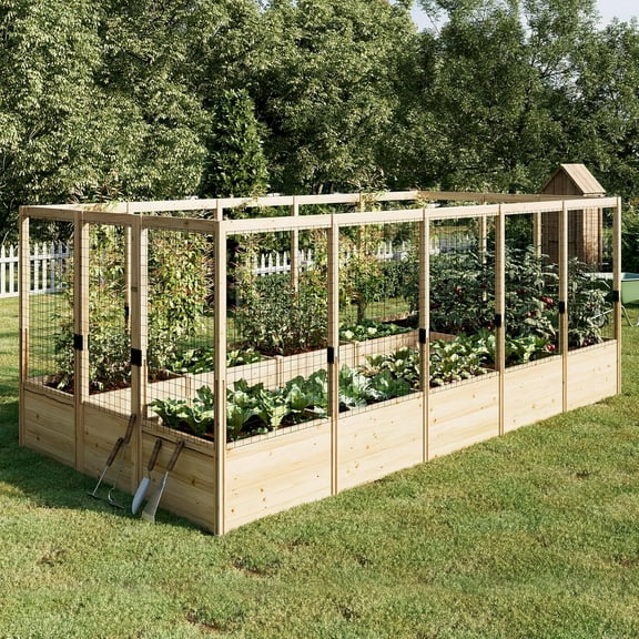 Jocisland Wooden Raised Garden Bed for Outdoor, Deep Large Planter Box with Netting for Gardening, Vegetables, Herbs(8× 15× 6FT)